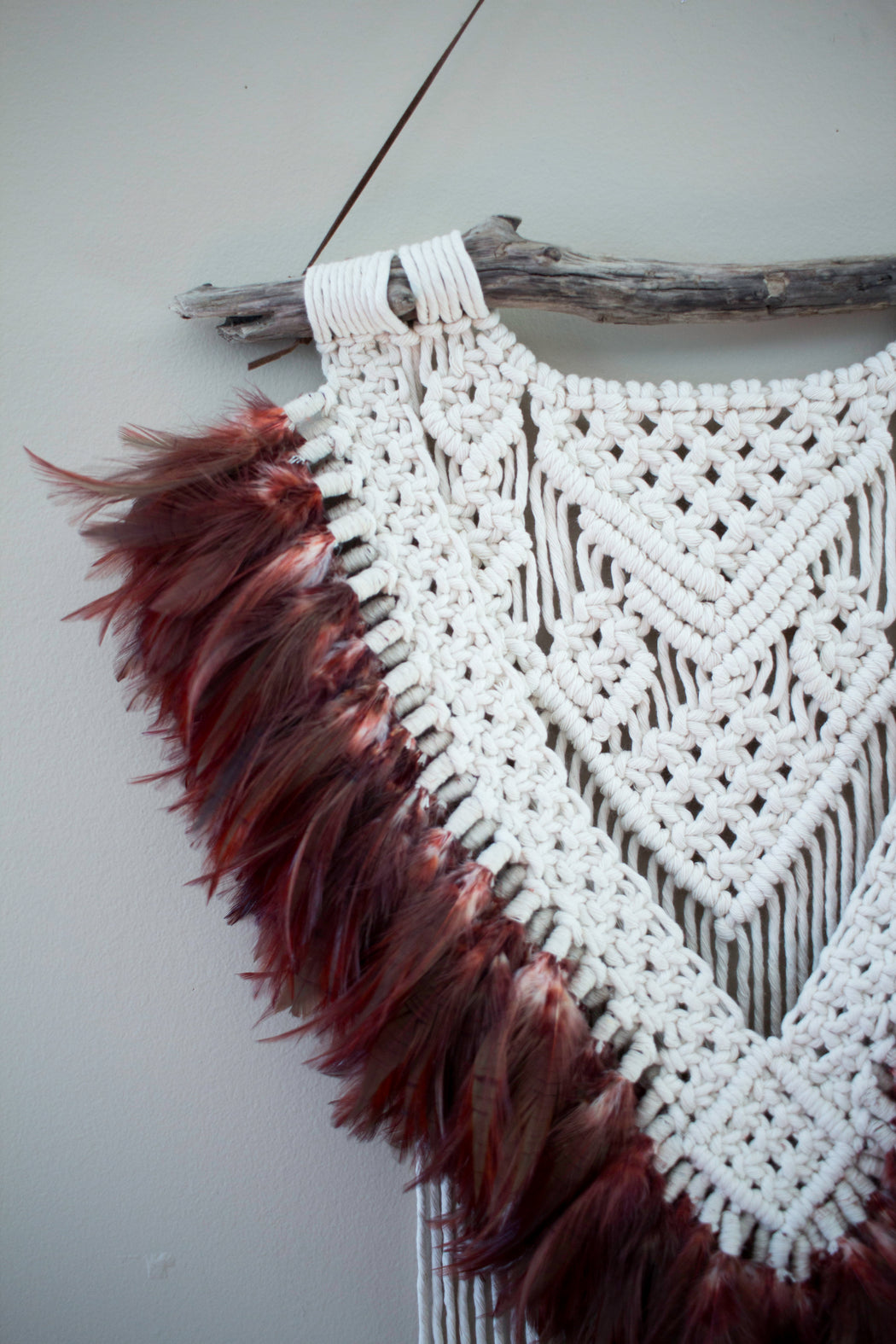 Medium Macrame Wall Hanging 100% Cotton Rope and Feathers